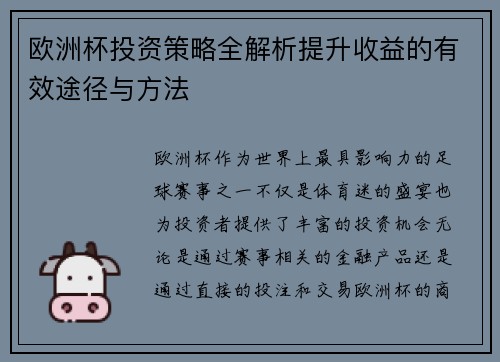 欧洲杯投资策略全解析提升收益的有效途径与方法