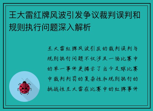 王大雷红牌风波引发争议裁判误判和规则执行问题深入解析