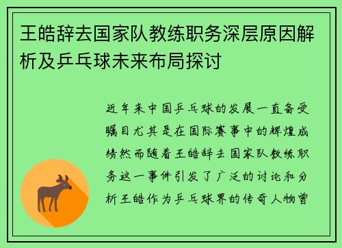 王皓辞去国家队教练职务深层原因解析及乒乓球未来布局探讨